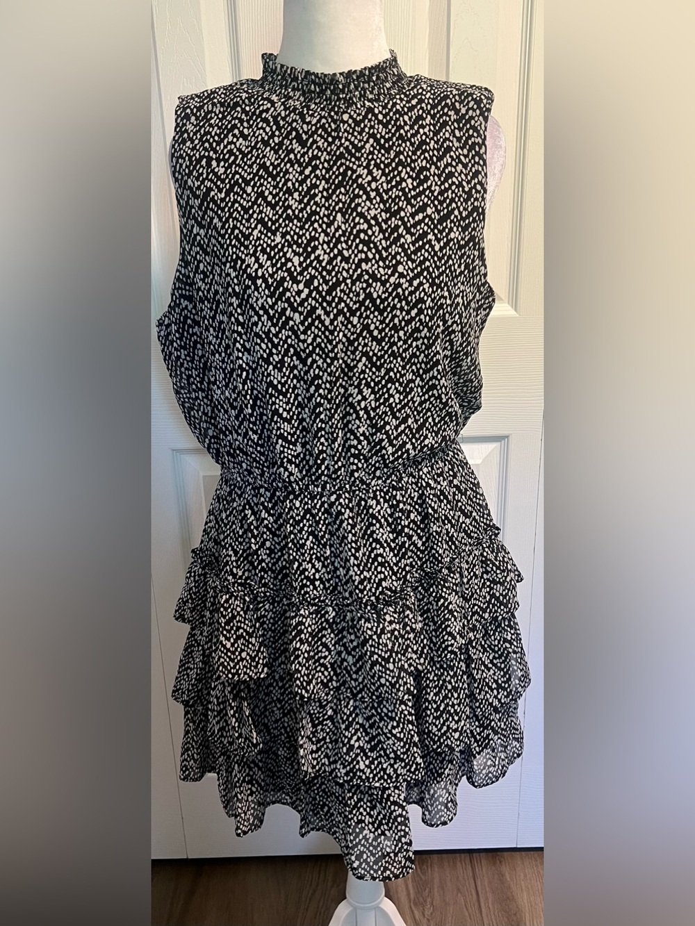 Crystal Doll Black Printed Mock Neck Tiered Ruffle Dress